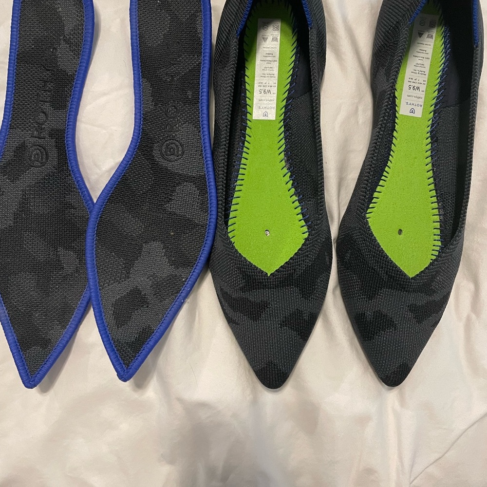 Rothy’s size 9.5 flat points.  Black and grey camo.  Worn one time